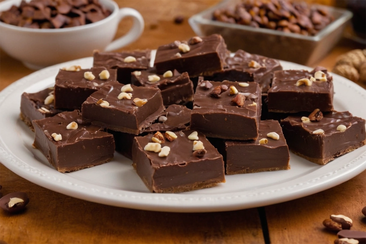 A batch of homemade Fantasy Fudge cut into squares on a white plate, with nuts and chocolate chips.