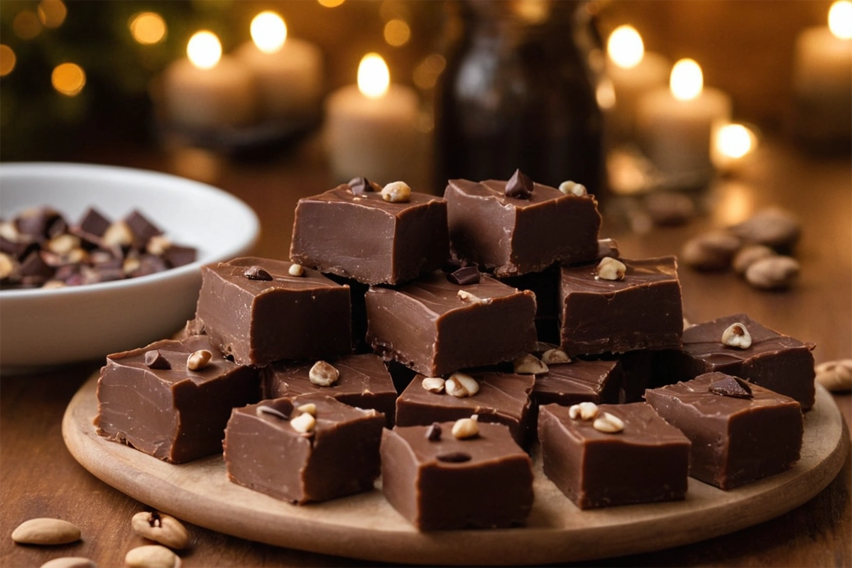 A batch of homemade Fantasy Fudge cut into squares on a white plate, with nuts and chocolate chips.