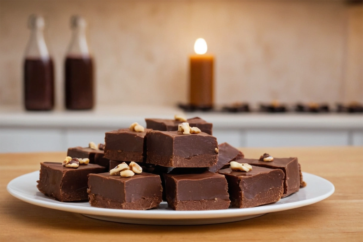 A batch of homemade Fantasy Fudge cut into squares on a white plate, with nuts and chocolate chips.