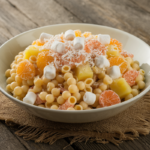 A bowl of creamy Frog Eye Salad with small pasta, fruits, and a custard dressing.