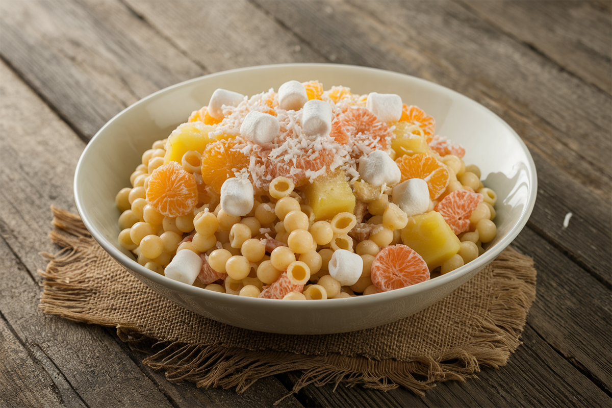 A bowl of creamy Frog Eye Salad with small pasta, fruits, and a custard dressing.