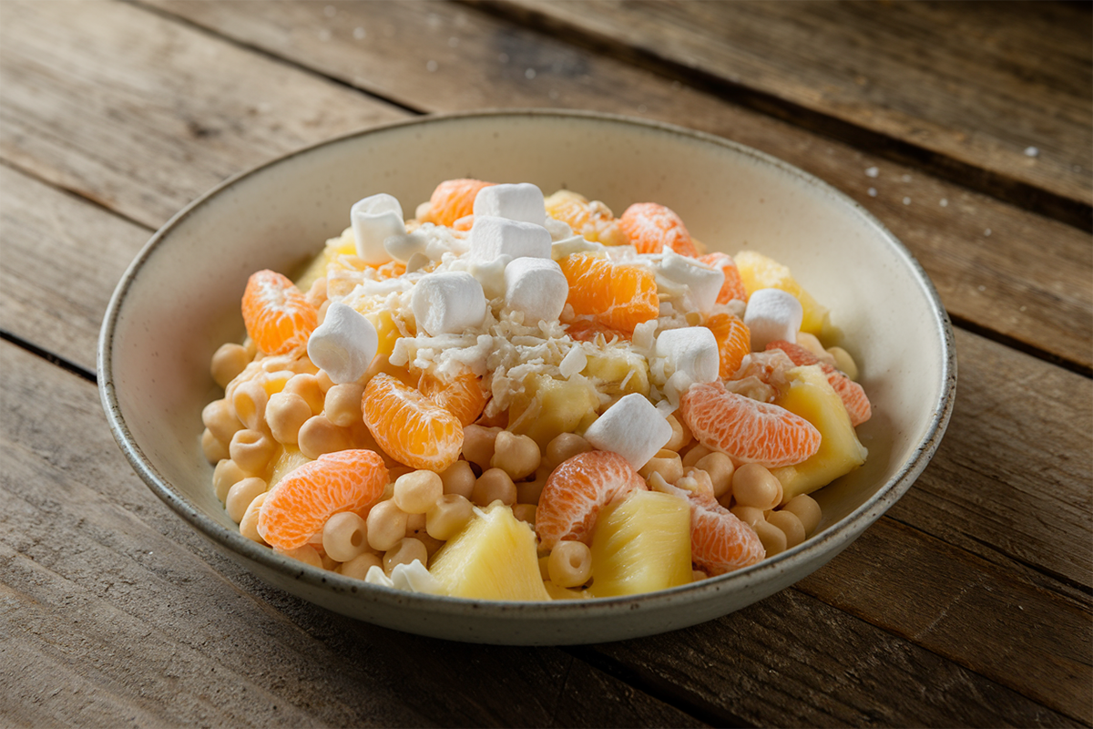 A bowl of creamy Frog Eye Salad with small pasta, fruits, and a custard dressing.