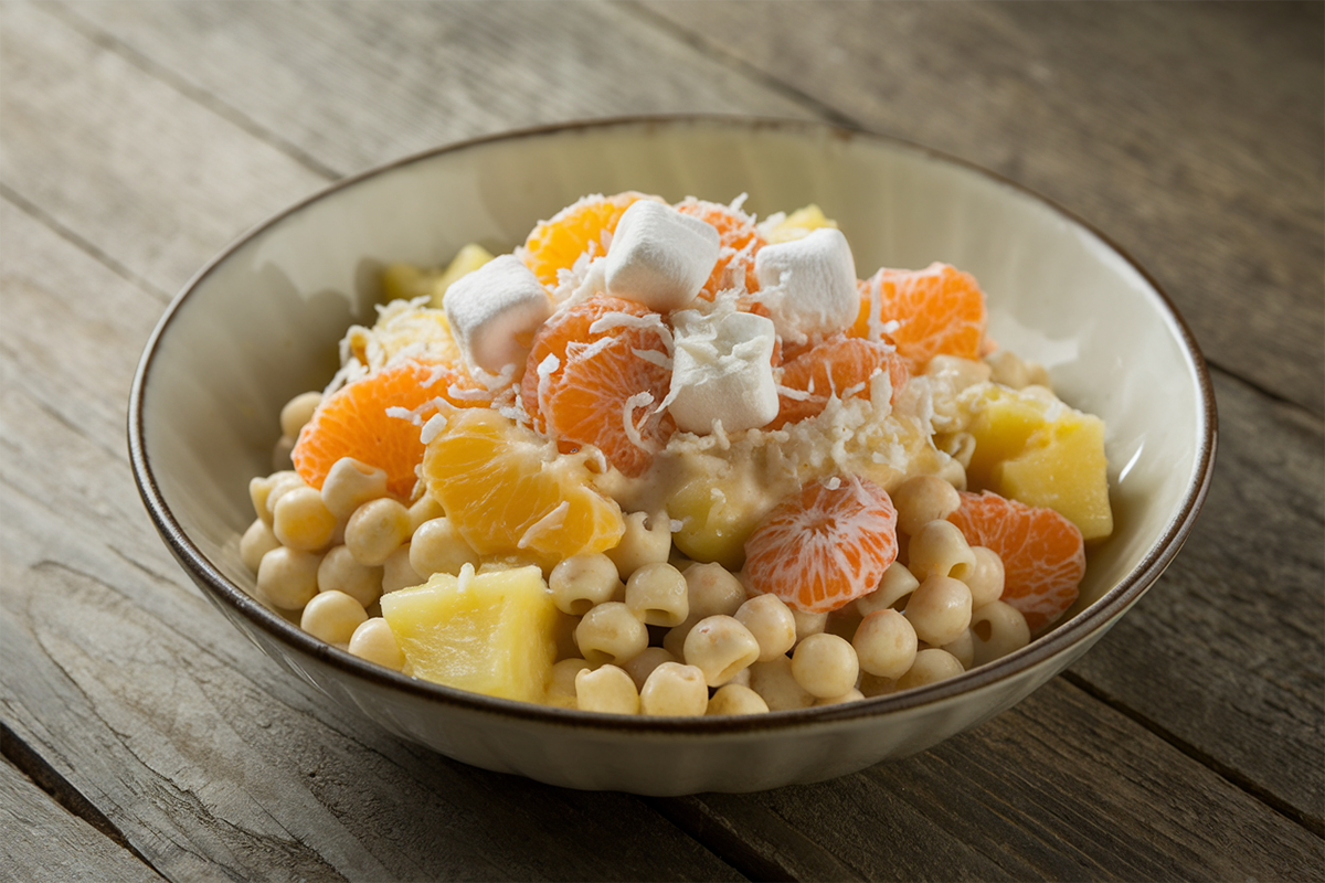 A bowl of creamy Frog Eye Salad with small pasta, fruits, and a custard dressing.