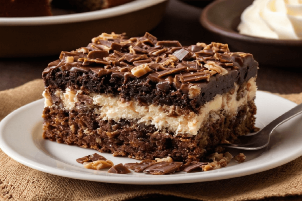 A slice of German Chocolate Poke Cake with chocolate ganache and coconut pecan frosting, served on a white plate with a fork.