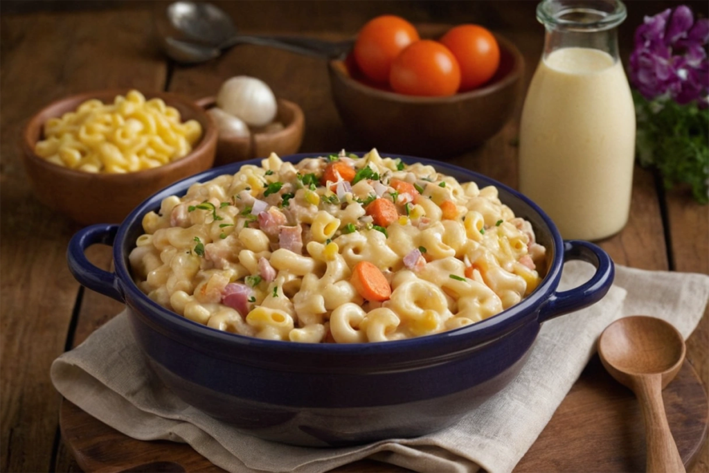 Homemade Hawaiian mac salad in a ceramic bowl with fresh vegetables and a creamy dressing.