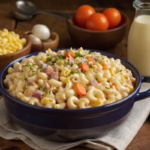 Homemade Hawaiian mac salad in a ceramic bowl with fresh vegetables and a creamy dressing.