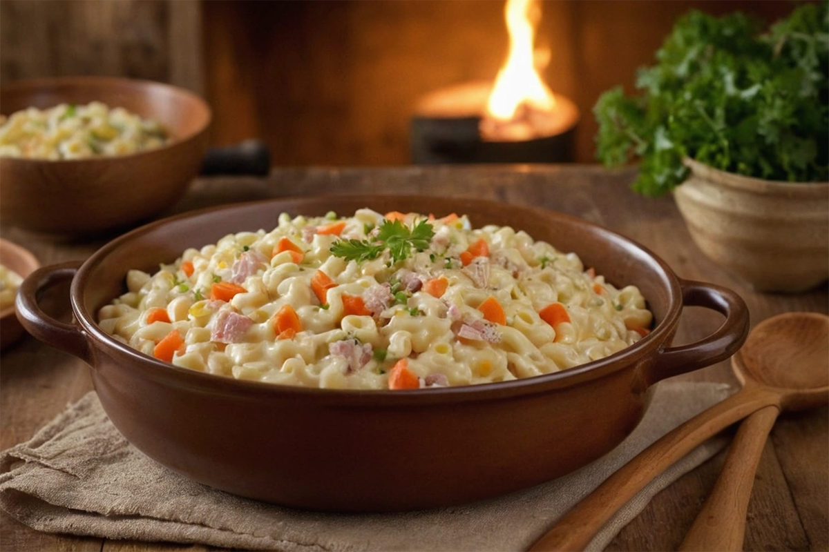 Homemade Hawaiian mac salad in a ceramic bowl with fresh vegetables and a creamy dressing.