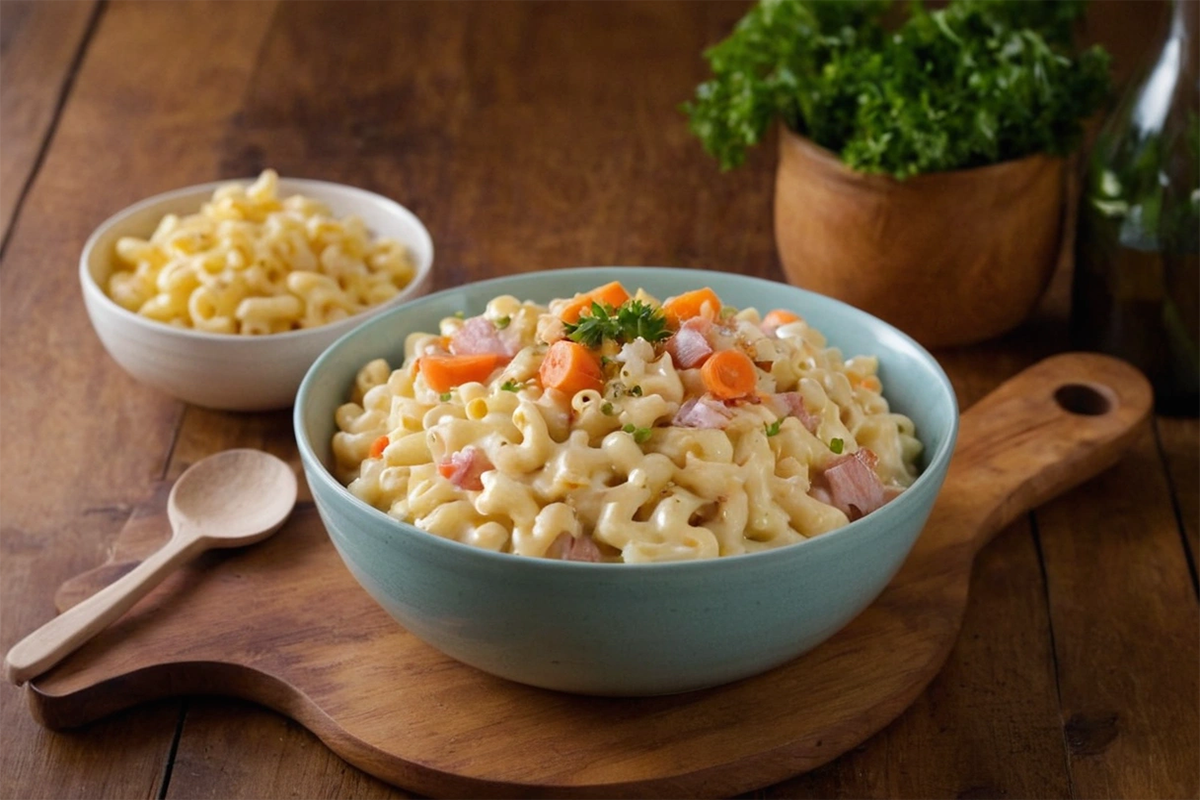 Homemade Hawaiian mac salad in a ceramic bowl with fresh vegetables and a creamy dressing.