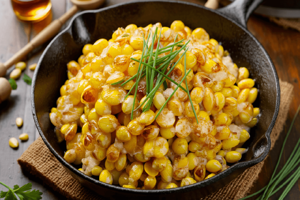 A skillet filled with golden Honey Butter Skillet Corn, topped with fresh chives and served on a wooden table.