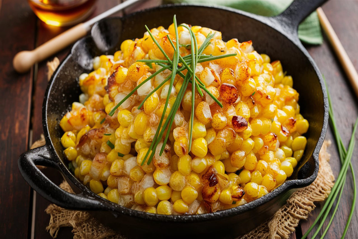 A skillet filled with golden Honey Butter Skillet Corn, topped with fresh chives and served on a wooden table.