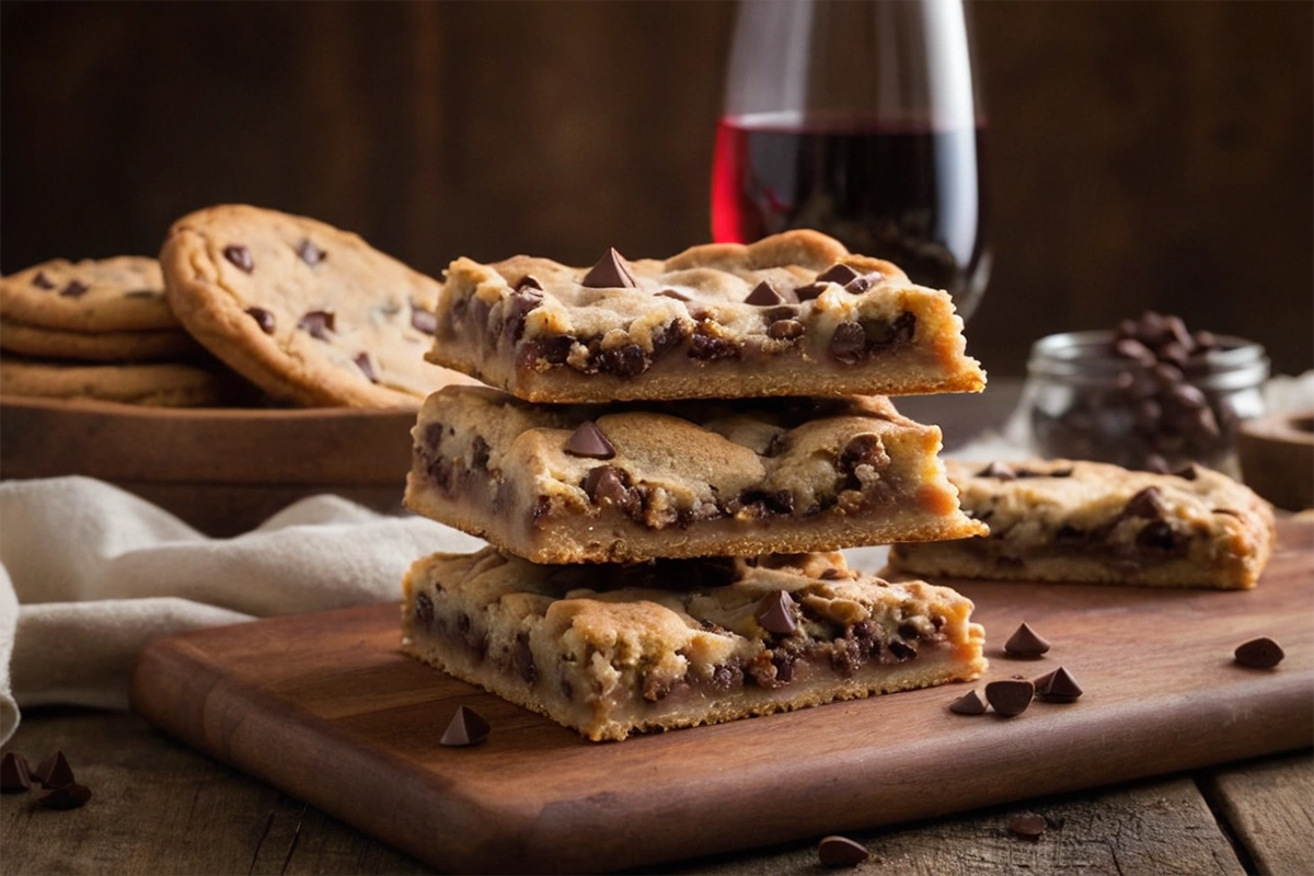 Lazy chocolate chip cookie bars cut into squares on a wooden table