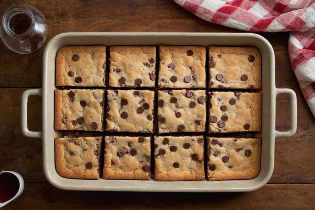 Lazy chocolate chip cookie bars cut into squares on a wooden table