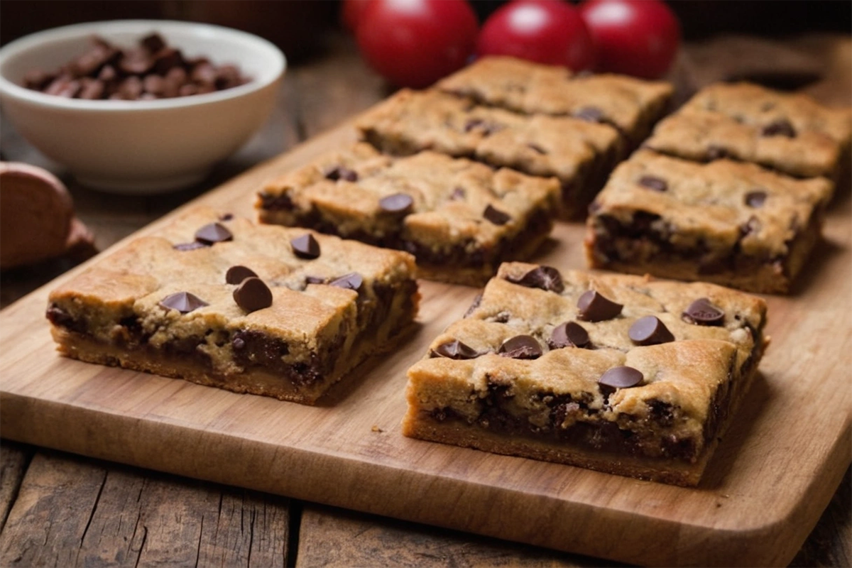 Lazy chocolate chip cookie bars cut into squares on a wooden table