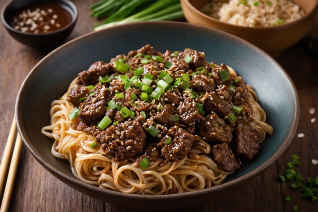 Bowl of Mongolian ground beef noodles garnished with green onions and sesame seeds