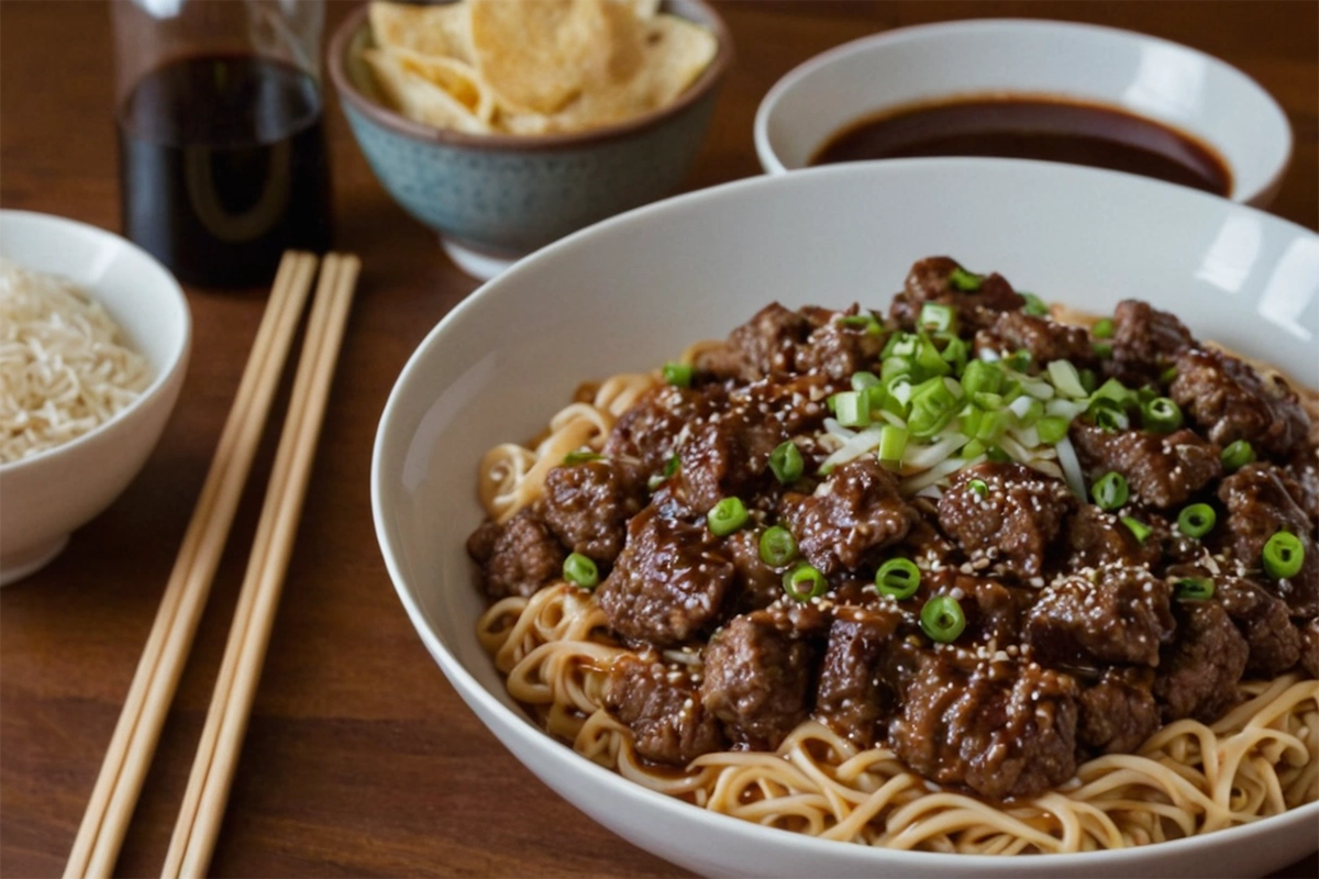 Bowl of Mongolian ground beef noodles garnished with green onions and sesame seeds