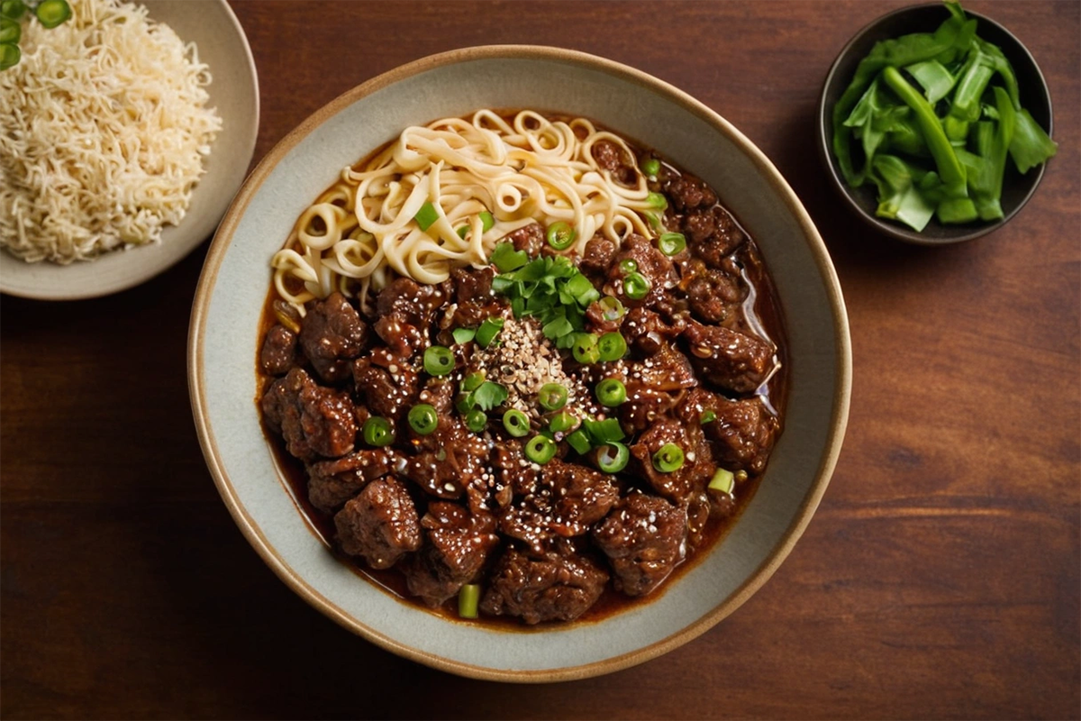 Bowl of Mongolian ground beef noodles garnished with green onions and sesame seeds