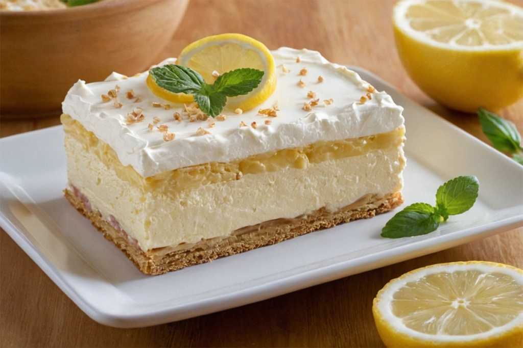 Layered no-bake lemon eclair cake topped with lemon frosting and garnished with lemon zest