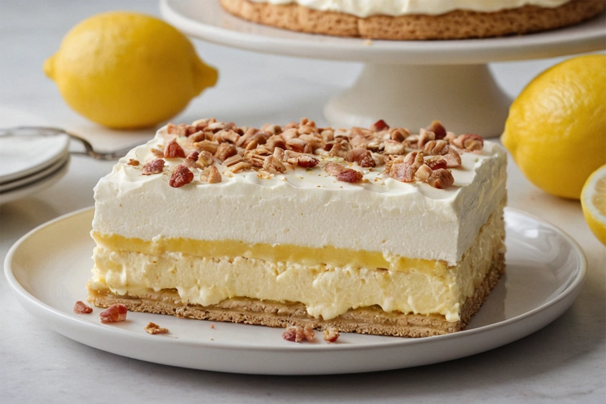 Layered no-bake lemon eclair cake topped with lemon frosting and garnished with lemon zest