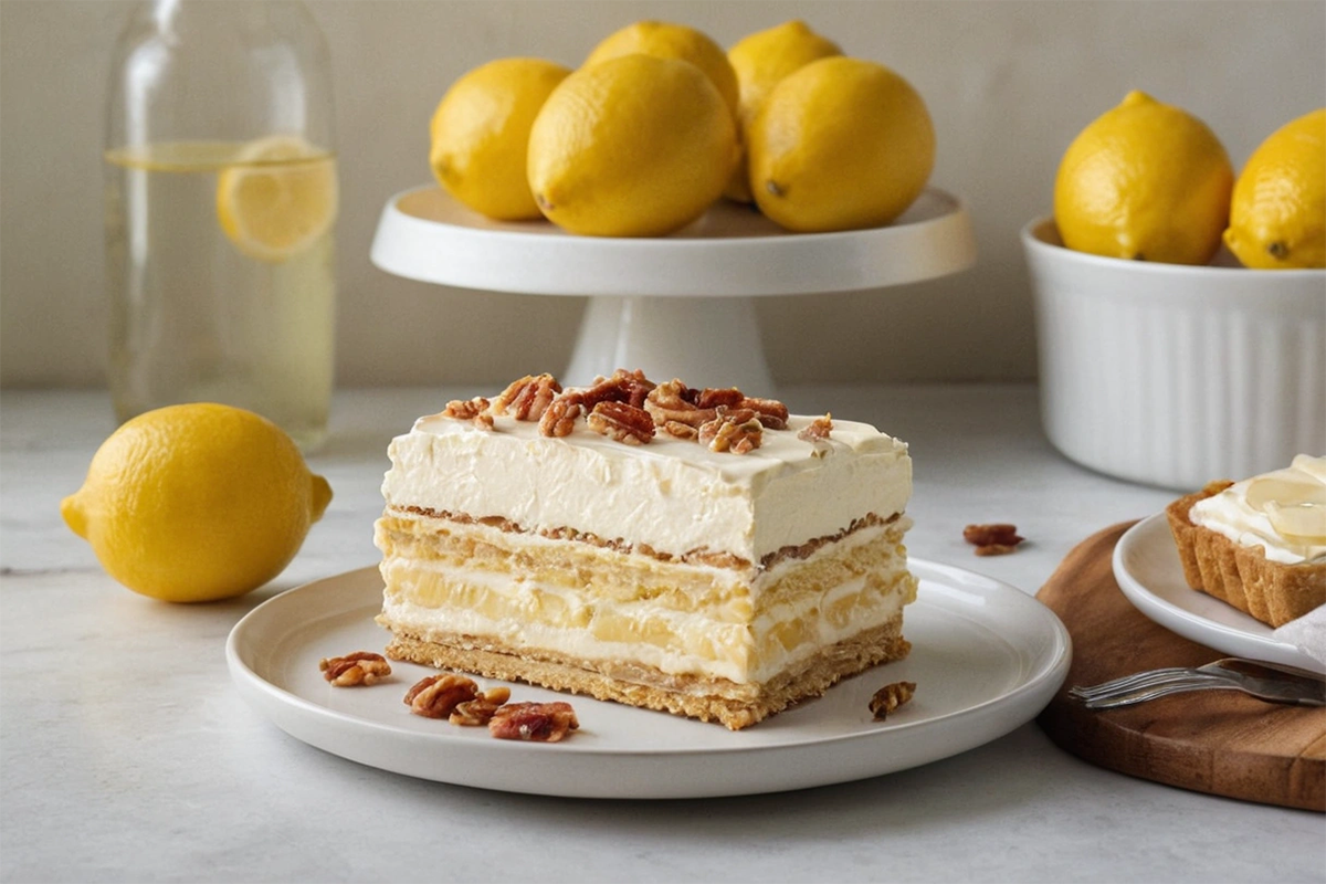 Layered no-bake lemon eclair cake topped with lemon frosting and garnished with lemon zest