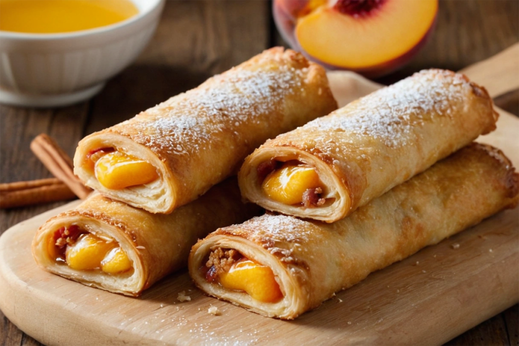 Crispy peach cobbler egg rolls dusted with powdered sugar