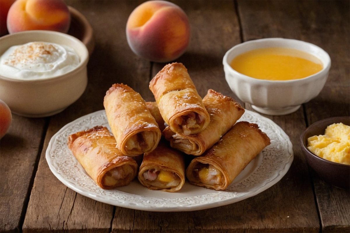 Crispy peach cobbler egg rolls dusted with powdered sugar