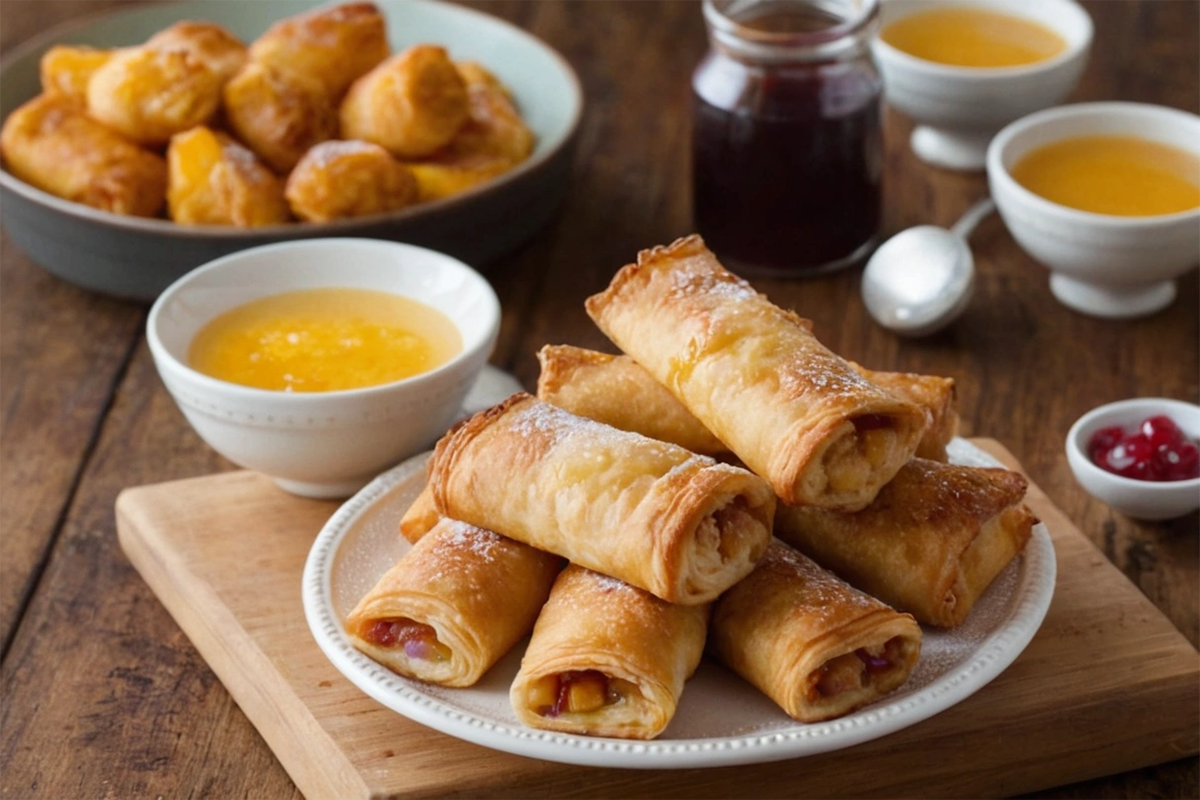 Crispy peach cobbler egg rolls dusted with powdered sugar