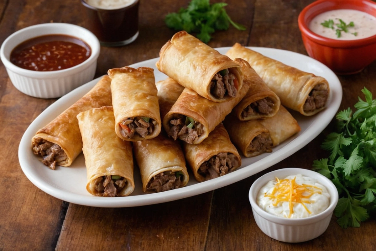 Crispy Philly Cheesesteak Egg Rolls cut in half, served with dipping sauce