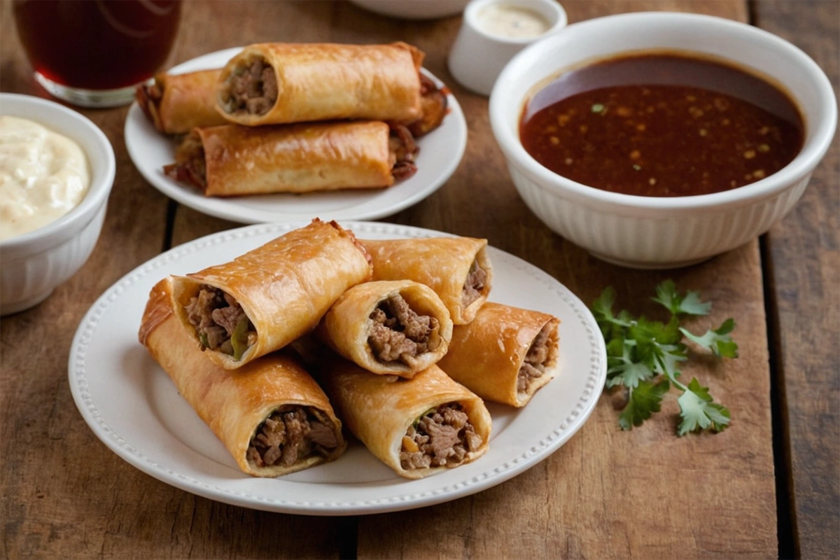 Crispy Philly Cheesesteak Egg Rolls cut in half, served with dipping sauce