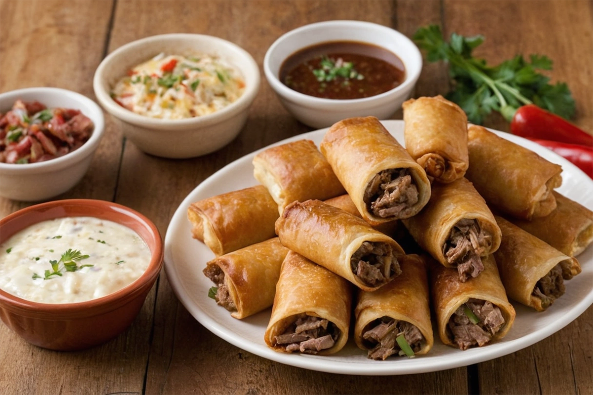 Crispy Philly Cheesesteak Egg Rolls cut in half, served with dipping sauce