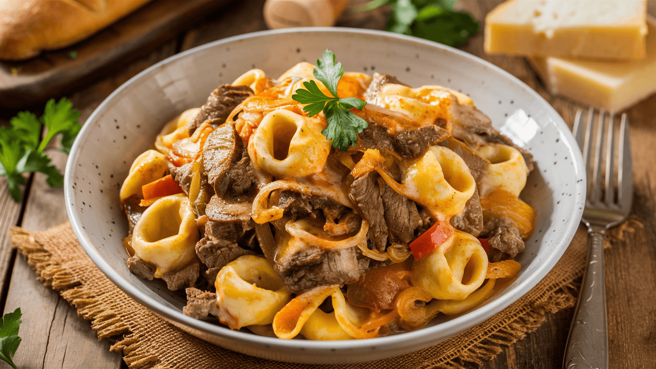 Philly Cheesesteak Tortellini Pasta served in a skillet with melted provolone, sauteed peppers, and sliced beef