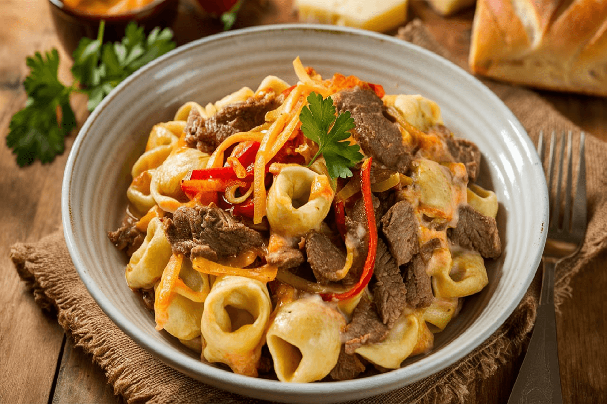 Homemade Philly Cheesesteak Tortellini Pasta with beef, peppers, and melted cheese served in a rustic bowl