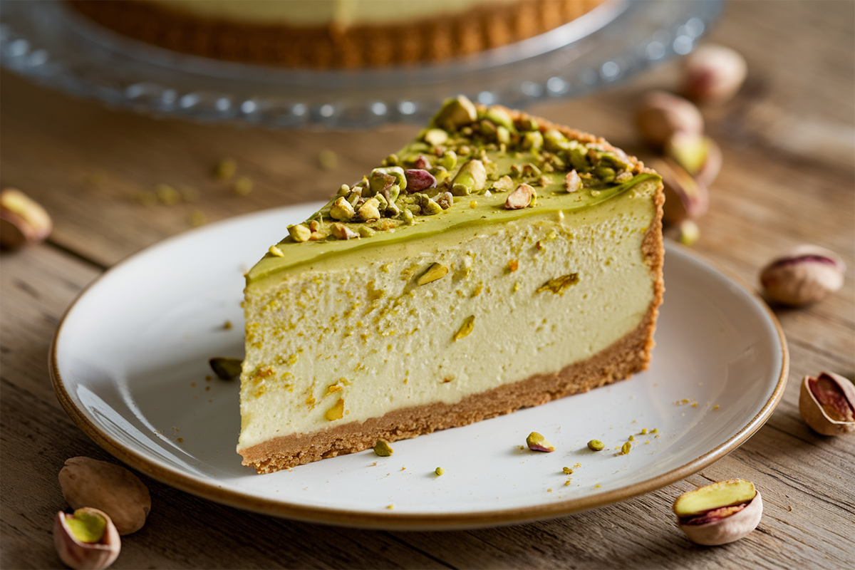 Creamy Pistachio Cheesecake topped with crushed pistachios