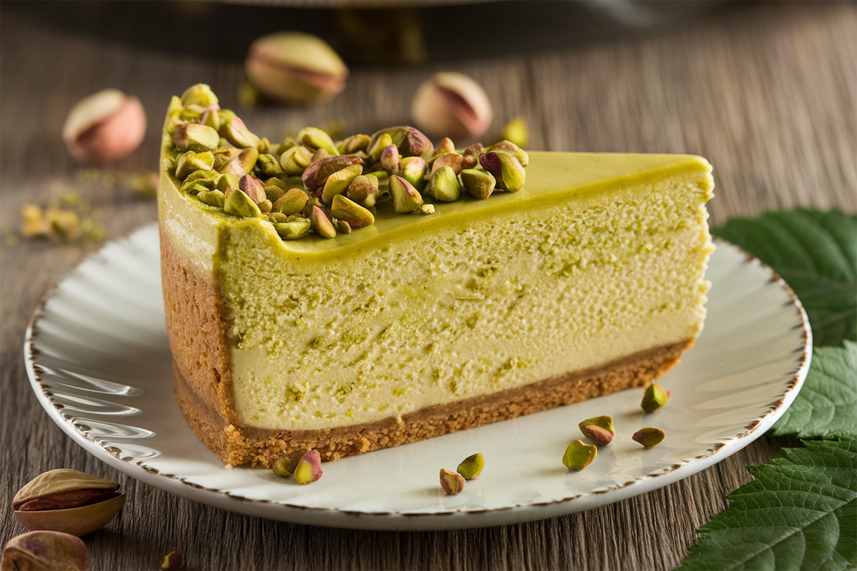 Creamy Pistachio Cheesecake topped with crushed pistachios