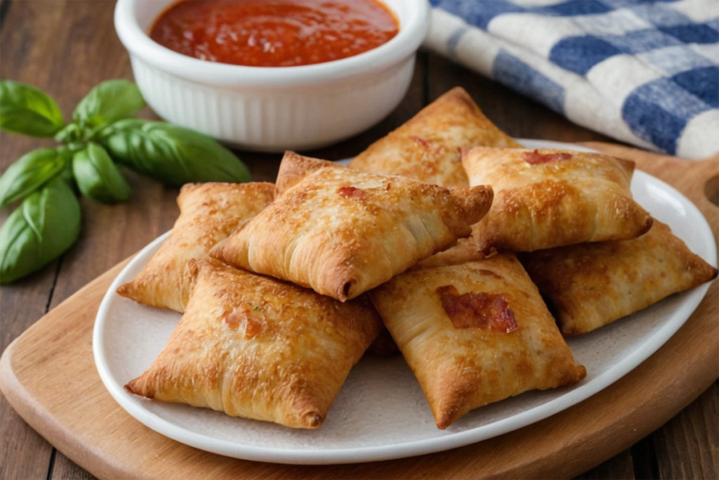 Crispy pizza rolls in an air fryer basket