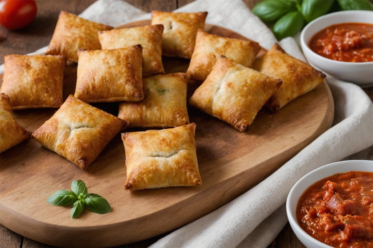 Crispy pizza rolls in an air fryer basket