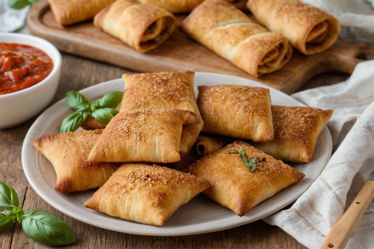 Crispy pizza rolls in an air fryer basket