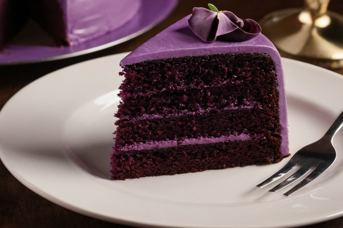 A slice of Purple Velvet Cake with cream cheese frosting, garnished with fresh berries, served on a white plate.