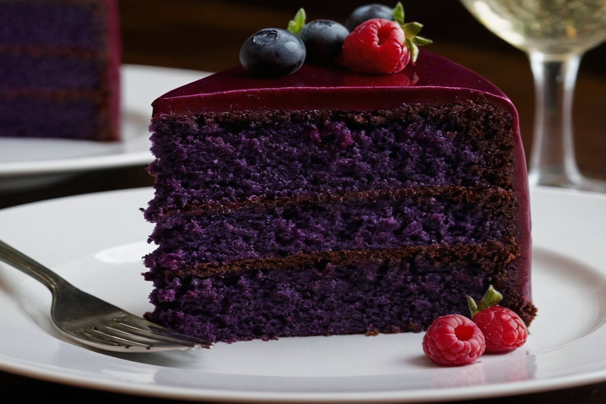 A slice of Purple Velvet Cake with cream cheese frosting, garnished with fresh berries, served on a white plate.