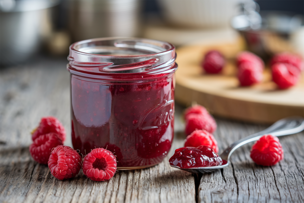 Homemade raspberry jam in a jar with fresh raspberries