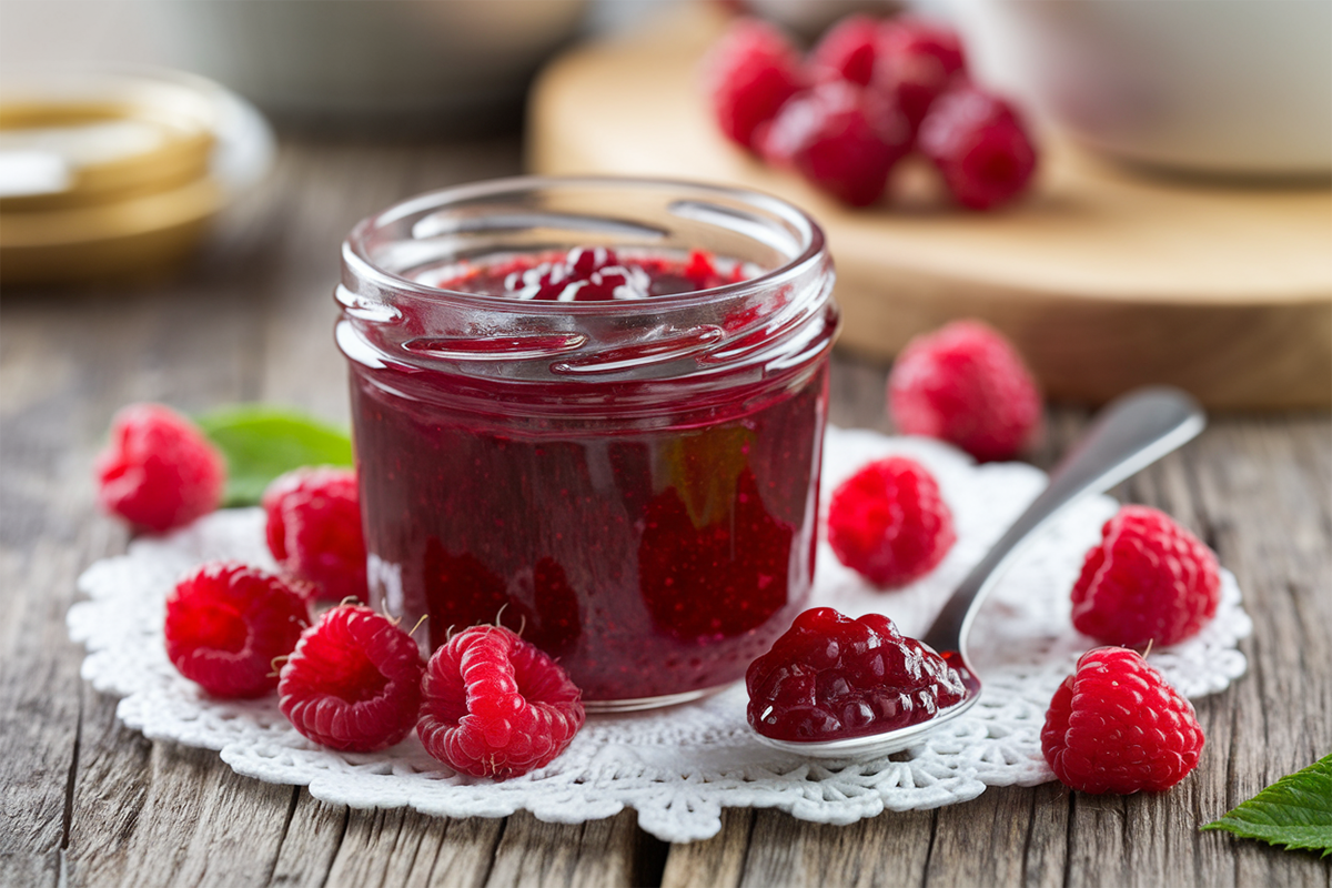 Homemade raspberry jam in a jar with fresh raspberries