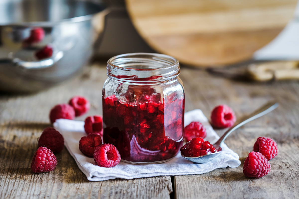 Homemade raspberry jam in a jar with fresh raspberries