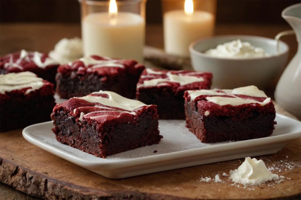 Stack of homemade Red Velvet Brownies with cream cheese frosting