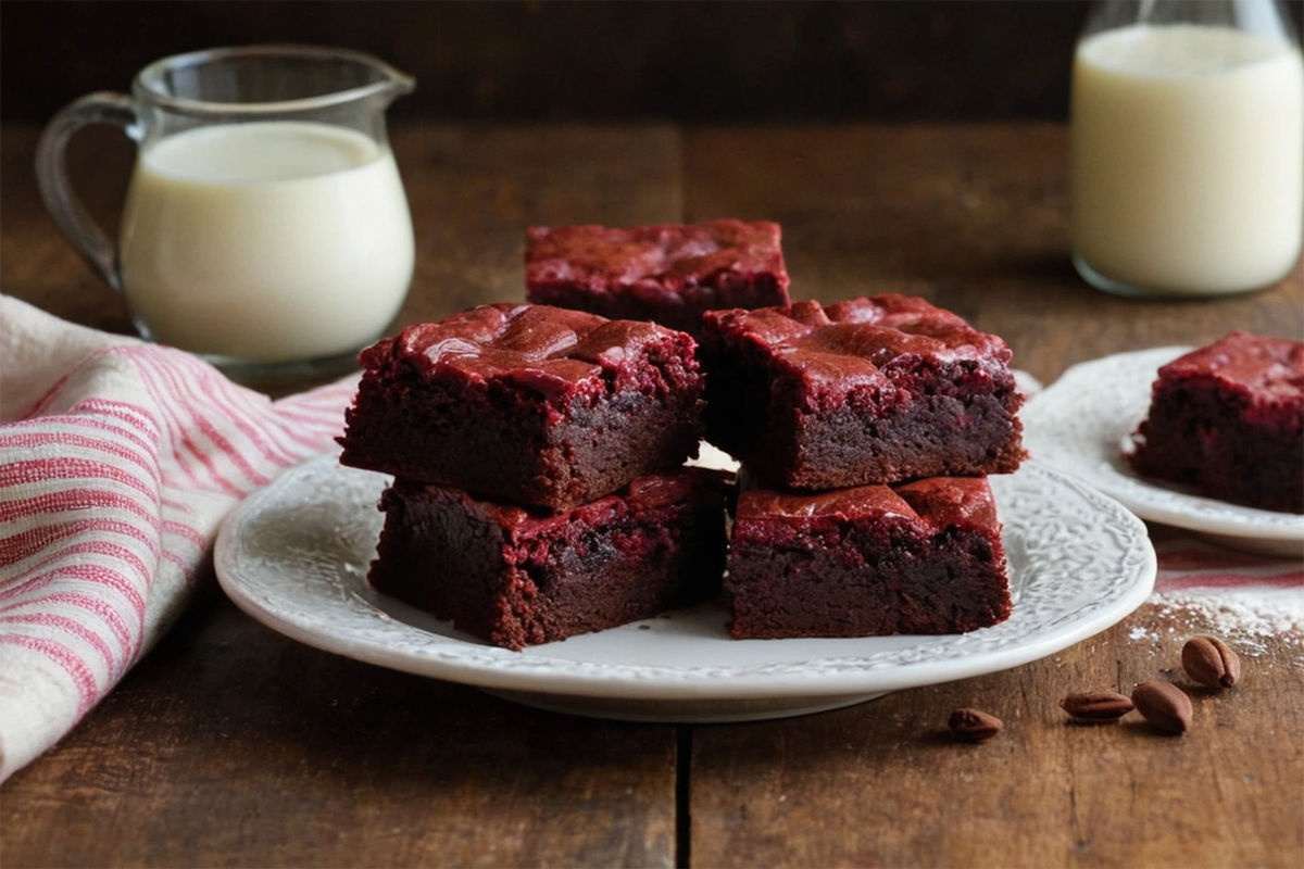 Stack of homemade Red Velvet Brownies with cream cheese frosting