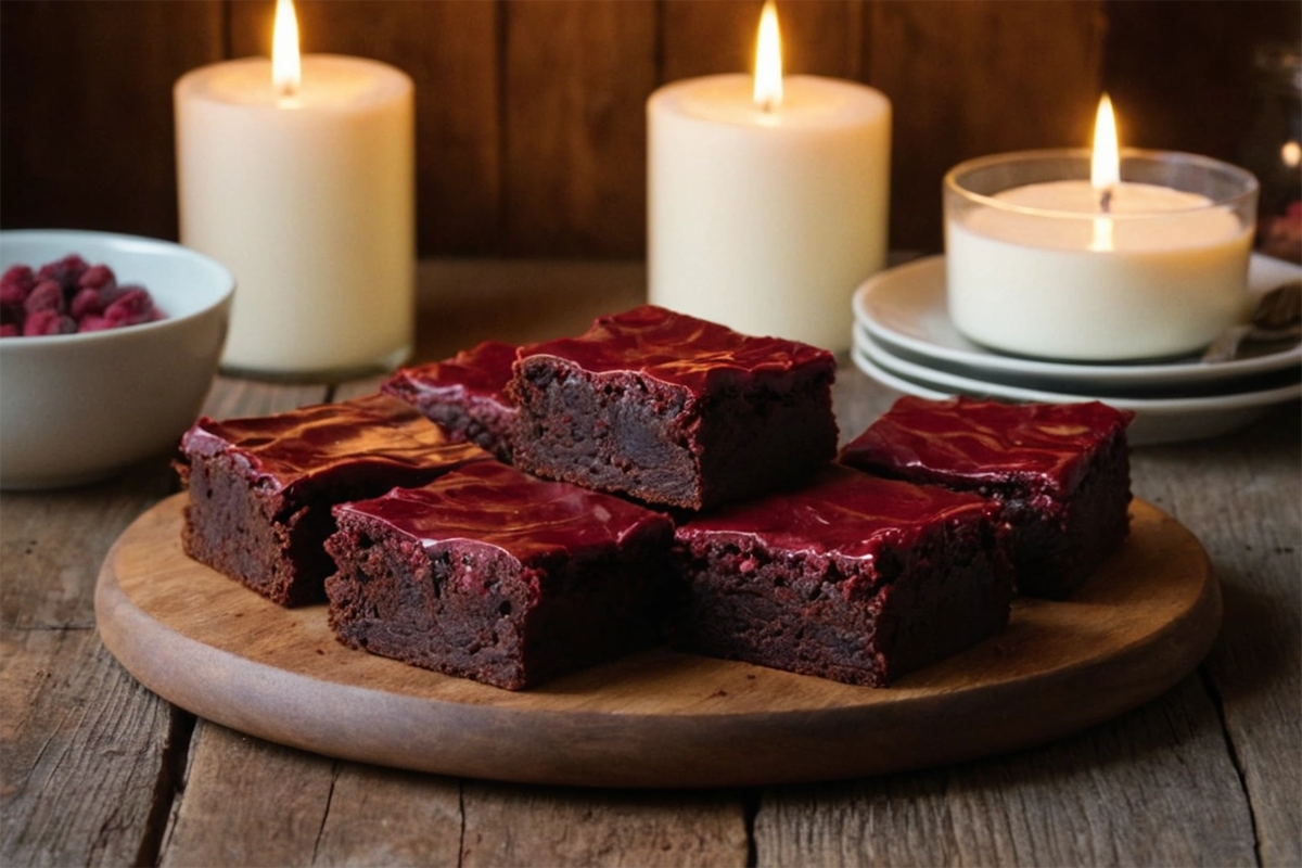 Stack of homemade Red Velvet Brownies with cream cheese frosting