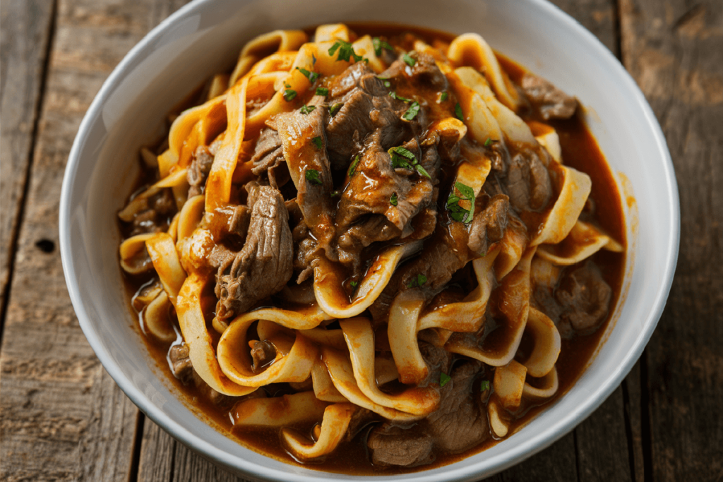 A serving of slow cooker beef and noodles in a white bowl, topped with fresh herbs, with a rustic wooden background.