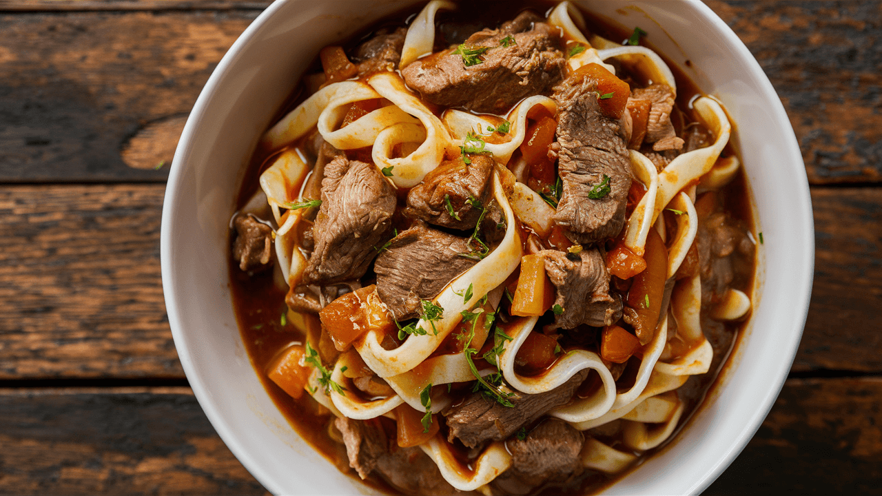 Slow Cooker Beef and Noodles served in a white bowl with tender chunks of beef and thick egg noodles in rich brown gravy