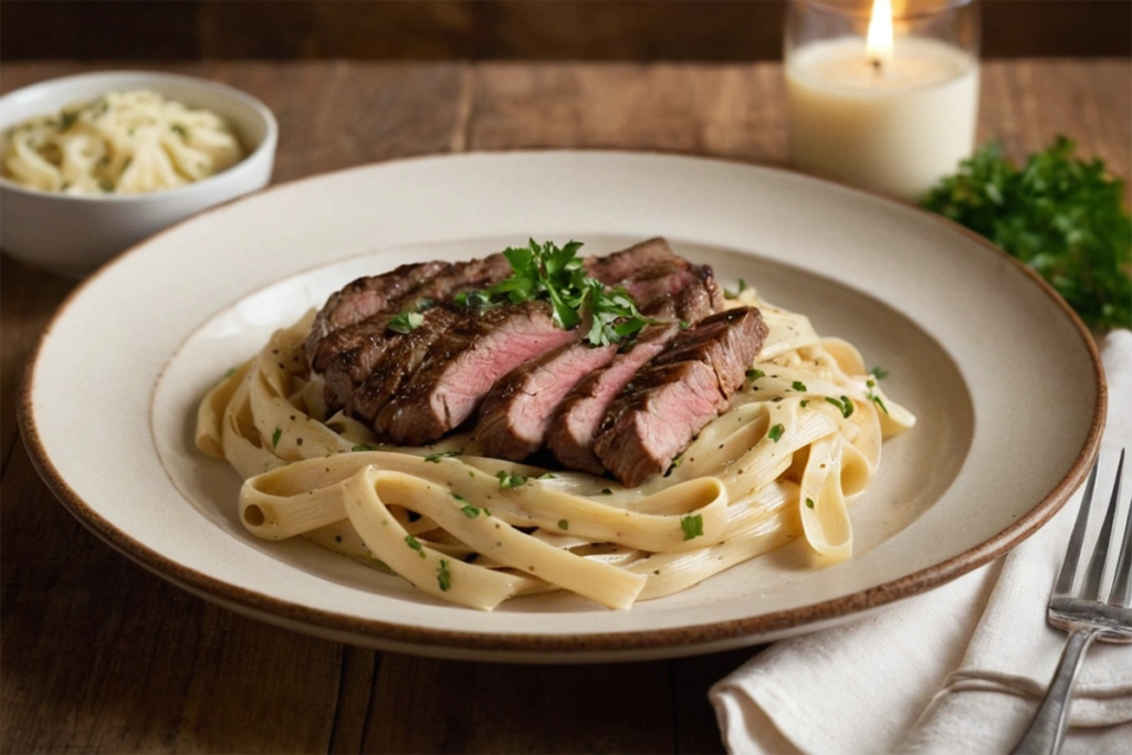 Plate of steak pasta with creamy sauce and fresh herbs