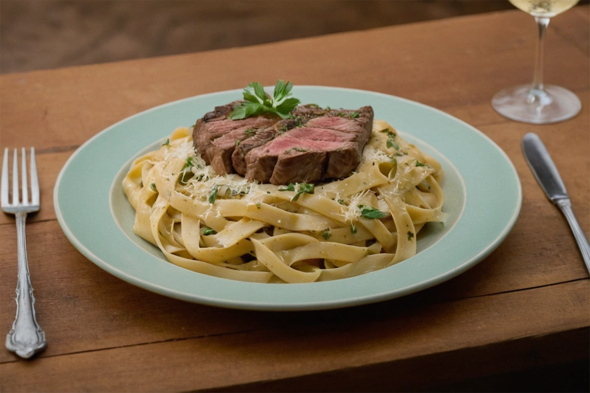 Plate of steak pasta with creamy sauce and fresh herbs