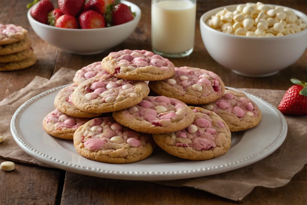 Homemade strawberry cake mix cookies with white chocolate chips