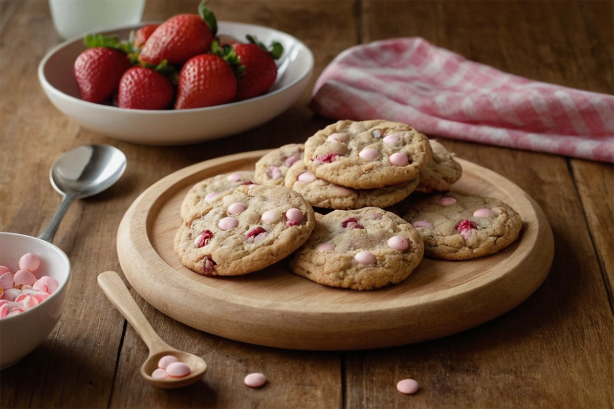 Homemade strawberry cake mix cookies with white chocolate chips